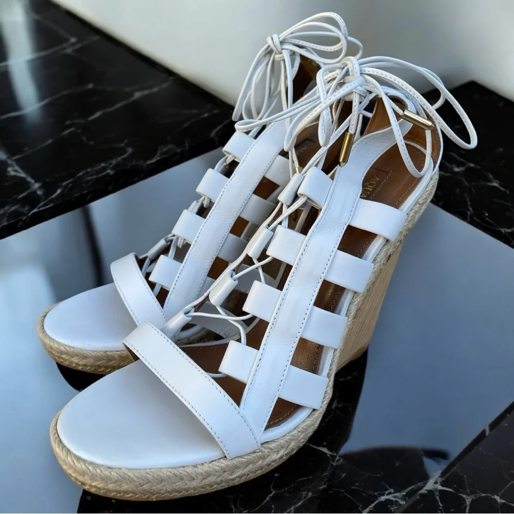 Aquazzura Firenze Amazon Gladiator White Leather Lace-Up Strappy Wedge Sandals